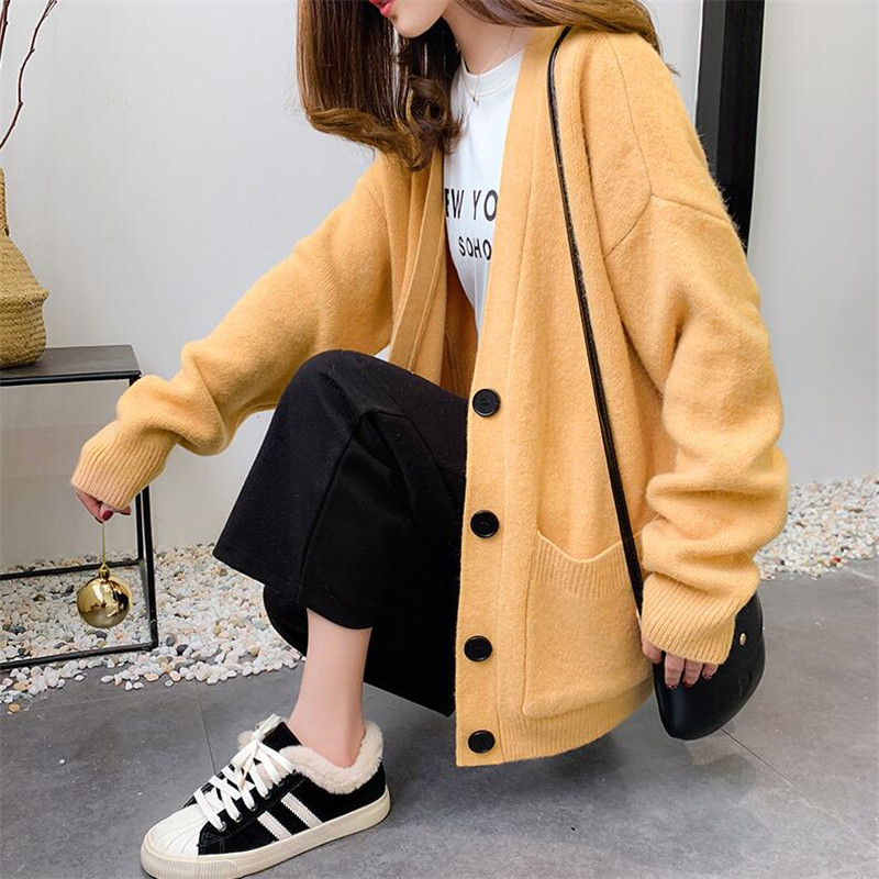 솔리드 컬러 긴팔 니트 싱글 브레스트 카디건 코트 여성용, 두꺼운, 따뜻한, 느슨한, 이른 봄, 2019